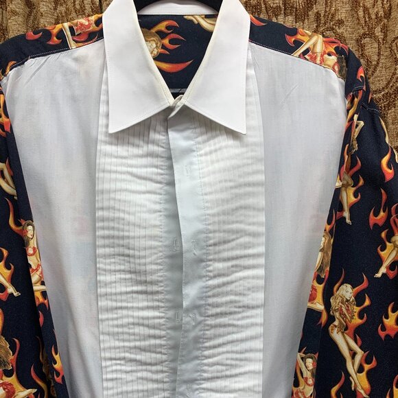 Vintage 1950's Girls Pin Up Tuxedo Shirt Rockabilly Mens Ruffled French Cuff WOW
